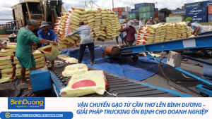Dịch vụ vận chuyển gạo từ Cần Thơ lên Bình Dương bằng xe tải và container nội địa. Hỗ trợ nâng hạ, giao nhận kho và trucking linh hoạt.