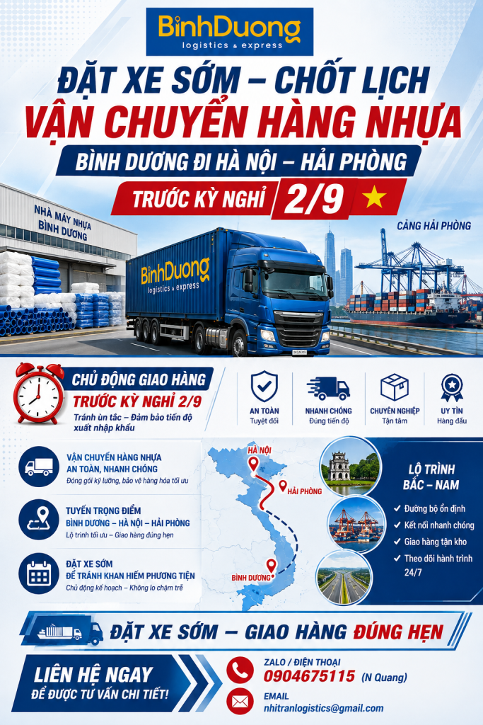 Vận chuyển hàng nhựa từ Bình Dương đi Hà Nội – Hải Phòng trước kỳ nghỉ 2/9