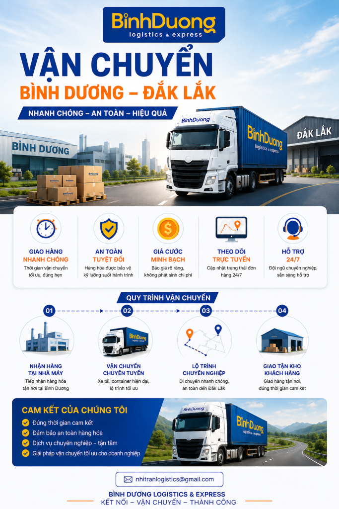 Vận chuyển hàng hóa Bình Dương đi Đắk Lắk – Nhận hàng tại nhà máy, giao tận kho