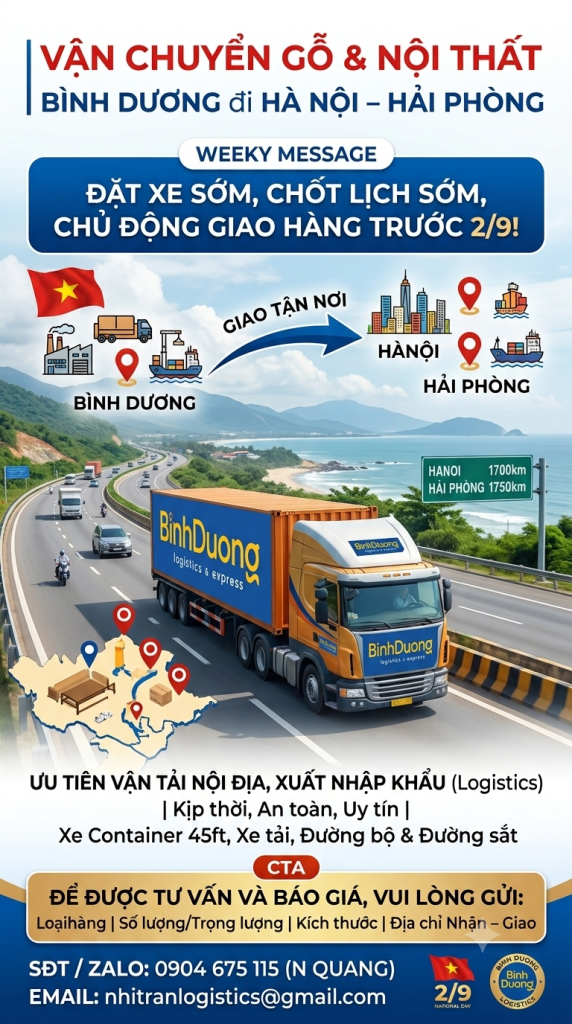 Vận chuyển nội thất từ Bình Dương đi Hà Nội – Hải Phòng trước kỳ nghỉ 2/9