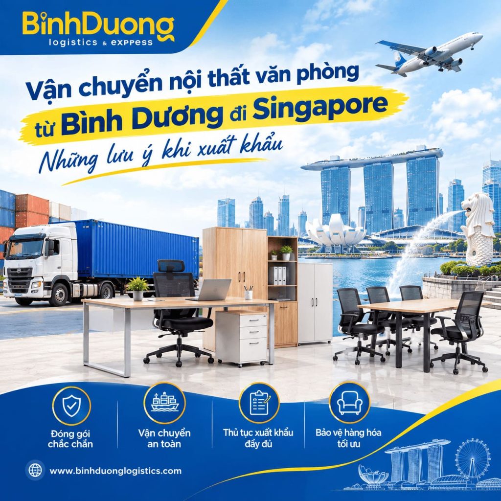 Vận chuyển nội thất văn phòng từ Bình Dương đi Singapore: Những lưu ý khi xuất khẩu Bình Dương là khu vực tập trung nhiều nhà máy sản xuất nội thất. Nội thất văn phòng cũng là nhóm hàng có nhu cầu vận chuyển ra nước ngoài. Các sản phẩm thường gồm bàn làm việc, ghế văn phòng, tủ hồ sơ và kệ lưu trữ. Hàng có kích thước lớn nên cần chuẩn bị kỹ trước khi xuất khẩu. Quá trình vận chuyển sang Singapore gồm nhiều công đoạn. Đóng gói, chứng từ và giao nhận đều cần được kiểm tra. 1. Đặc điểm của nội thất văn phòng khi xuất khẩu Nội thất văn phòng có nhiều kích thước và chất liệu khác nhau. Một số sản phẩm làm từ gỗ, kim loại hoặc vật liệu tổng hợp. Các mặt hàng thường gặp gồm: Bàn làm việc. Ghế văn phòng. Tủ hồ sơ. Kệ văn phòng. Bàn họp. Vách ngăn văn phòng. Tủ lưu trữ. Nội thất phòng họp. Sản phẩm có kích thước lớn cần được đóng gói phù hợp. Các chi tiết nhỏ cũng cần được bảo quản riêng. 2. Kiểm tra hàng hóa trước khi xuất khẩu Trước khi đóng gói, cần kiểm tra tình trạng sản phẩm. Kích thước và trọng lượng cũng cần được xác định. Một số thông tin cần kiểm tra gồm: Tên sản phẩm. Số lượng. Chất liệu. Kích thước. Trọng lượng. Quy cách đóng gói. Tình trạng sản phẩm. Thông tin thực tế cần thống nhất với chứng từ. Việc kiểm tra giúp hạn chế sai lệch khi giao nhận. 3. Tháo rời nội thất khi cần thiết Một số sản phẩm có thể tháo rời trước khi vận chuyển. Cách này giúp giảm kích thước kiện hàng. Bàn và tủ thường có thể tháo một số bộ phận. Các chi tiết sau khi tháo cần được sắp xếp riêng. Ốc vít và phụ kiện nhỏ nên được đóng vào túi riêng. Mỗi bộ phận cũng nên được đánh dấu rõ ràng. Với sản phẩm nguyên khối, không nên tự ý tháo các bộ phận cố định. Cấu trúc sản phẩm cần được giữ ổn định. 4. Đóng gói nội thất văn phòng Đóng gói là bước quan trọng khi vận chuyển hàng đi Singapore. Hàng phải trải qua nhiều lần xếp dỡ. Bề mặt sản phẩm cần được bảo vệ khỏi trầy xước. Các góc và cạnh cũng cần được gia cố. Vật liệu đệm có thể được sử dụng tại những vị trí dễ va chạm. Khoảng trống trong kiện cũng cần được chèn phù hợp. Với hàng có kích thước lớn, pallet có thể hỗ trợ việc nâng hạ. Kiện hàng cần được cố định chắc chắn. 5. Bảo vệ nội thất khỏi độ ẩm Độ ẩm có thể ảnh hưởng đến một số loại nội thất. Đặc biệt là sản phẩm có thành phần gỗ. Hàng cần được bảo vệ trong suốt quá trình vận chuyển. Bao bì bên ngoài nên hạn chế tác động từ môi trường. Sản phẩm cũng không nên tiếp xúc trực tiếp với nước. Pallet có thể giúp tạo khoảng cách giữa hàng và mặt sàn. Khu vực lưu giữ hàng cần được giữ khô ráo. Bao bì phải được kiểm tra trước khi đóng hàng. 6. Bảo vệ các bộ phận dễ hư hỏng Cánh tủ, tay nắm và mặt bàn là những vị trí cần chú ý. Các bộ phận này có thể bị va chạm khi xếp dỡ. Tay nắm nên được bảo vệ bằng vật liệu đệm. Cánh tủ cần được cố định để hạn chế chuyển động. Mặt bàn cũng cần có lớp bảo vệ phù hợp. Không nên đặt vật nặng trực tiếp lên bề mặt. Các chi tiết tháo rời cần được đóng gói riêng. Thông tin nhận diện giúp tránh thất lạc phụ kiện. 7. Lựa chọn phương thức vận chuyển Nội thất văn phòng có thể được vận chuyển theo nhiều phương thức. Việc lựa chọn phụ thuộc vào đặc điểm của lô hàng. Hàng có kích thước lớn cần được tính toán không gian xếp hàng. Số lượng kiện cũng ảnh hưởng đến phương án vận chuyển. Nếu vận chuyển bằng container, hàng cần được sắp xếp hợp lý. Các kiện phải được cố định để hạn chế xê dịch. Phương án vận chuyển cũng cần phù hợp với yêu cầu giao nhận. Thông tin lô hàng nên được chuẩn bị trước. 8. Sắp xếp nội thất vào container Cách sắp xếp ảnh hưởng đến độ an toàn của hàng. Các kiện cần được bố trí theo trọng lượng và kích thước. Hàng nặng nên được đặt ở vị trí phù hợp. Không nên để tải trọng tập trung vào một khu vực. Khoảng trống giữa các kiện cần được xử lý. Hàng phải được cố định trước khi đóng container. Các sản phẩm dễ trầy xước cần có lớp bảo vệ riêng. Những vị trí tiếp xúc cũng nên được kiểm tra. 9. Kiểm tra vật liệu đóng gói bằng gỗ Một số lô hàng sử dụng pallet hoặc kiện gỗ. Khi xuất khẩu, vật liệu này cần được kiểm tra theo yêu cầu áp dụng. Doanh nghiệp cần xác định yêu cầu đối với vật liệu gỗ. Việc chuẩn bị đúng giúp hạn chế vấn đề trong quá trình xuất khẩu. Thông tin trên kiện cũng cần được thể hiện phù hợp. Hàng hóa nên có dấu hiệu nhận diện rõ ràng. 10. Chuẩn bị chứng từ xuất khẩu Chứng từ là phần quan trọng trong quá trình xuất khẩu. Thông tin trên chứng từ cần thống nhất với hàng thực tế. Một số thông tin thường liên quan đến lô hàng gồm: Tên hàng. Số lượng. Chất liệu. Kích thước. Trọng lượng. Quy cách đóng gói. Thông tin người gửi. Thông tin người nhận. Thông tin vận chuyển. Tùy từng loại hàng, có thể phát sinh thêm chứng từ liên quan. Doanh nghiệp cần kiểm tra yêu cầu của lô hàng trước khi xuất khẩu. 11. Kiểm tra quy định nhập khẩu tại Singapore Mỗi quốc gia có yêu cầu riêng đối với hàng nhập khẩu. Singapore cũng có những quy định liên quan đến hàng hóa nhập khẩu. Doanh nghiệp cần xác định đúng thông tin sản phẩm. Mô tả hàng hóa phải phù hợp với thực tế. Các yêu cầu về chứng từ cũng cần được kiểm tra trước. Một số mặt hàng có thể chịu thêm yêu cầu quản lý chuyên ngành. Việc kiểm tra trước giúp hạn chế sai sót. Hồ sơ cũng được chuẩn bị phù hợp với từng lô hàng. 12. Những rủi ro khi vận chuyển nội thất đi Singapore Nội thất văn phòng có thể gặp nhiều vấn đề trong quá trình vận chuyển. Nguyên nhân thường liên quan đến đóng gói hoặc xếp dỡ. Một số rủi ro thường gặp gồm: Bề mặt bị trầy xước. Góc sản phẩm bị sứt. Cánh tủ bị lệch. Tay nắm bị hư hỏng. Bao bì bị rách. Hàng bị xê dịch. Sản phẩm bị ảnh hưởng bởi độ ẩm. Phụ kiện bị thất lạc. Kiểm tra hàng trước khi đóng gói giúp giảm các rủi ro trên. Tình trạng hàng cũng nên được ghi nhận trước khi giao. 13. Quy trình vận chuyển nội thất từ Bình Dương đi Singapore Quy trình có thể được thực hiện theo các bước cơ bản: Bước 1: Kiểm tra số lượng và tình trạng hàng. Bước 2: Xác định kích thước và trọng lượng từng kiện. Bước 3: Tháo rời sản phẩm nếu cần thiết. Bước 4: Đóng gói và bảo vệ các bộ phận. Bước 5: Chuẩn bị chứng từ xuất khẩu. Bước 6: Sắp xếp hàng lên phương tiện hoặc vào container. Bước 7: Kiểm tra và cố định toàn bộ kiện hàng. Bước 8: Thực hiện các bước giao nhận theo phương án xuất khẩu. Quy trình thực tế có thể thay đổi theo từng lô hàng. Loại nội thất và phương thức vận chuyển cũng ảnh hưởng đến cách thực hiện. 14. Những lưu ý quan trọng khi xuất khẩu nội thất sang Singapore Nội thất cần được kiểm tra kỹ trước khi đóng gói. Đặc biệt cần chú ý các sản phẩm có kích thước lớn. Bao bì phải phù hợp với từng loại vật liệu. Các góc và bề mặt cần được bảo vệ cẩn thận. Thông tin hàng hóa phải thống nhất với chứng từ. Quy cách đóng gói cũng cần được ghi nhận chính xác. Nếu sử dụng pallet hoặc kiện gỗ, cần kiểm tra yêu cầu liên quan. Doanh nghiệp cũng nên kiểm tra quy định nhập khẩu áp dụng tại Singapore. 15. Kết luận Vận chuyển nội thất văn phòng từ Bình Dương đi Singapore cần chuẩn bị kỹ từ khâu đóng gói. Sản phẩm phải được bảo vệ trước các tác động trong quá trình vận chuyển. Kích thước và trọng lượng hàng cần được xác định chính xác. Các kiện hàng cũng phải được sắp xếp và cố định phù hợp. Chứng từ xuất khẩu cần thống nhất với hàng thực tế. Các yêu cầu liên quan đến vật liệu đóng gói cũng cần được kiểm tra. Việc chuẩn bị đầy đủ giúp quá trình giao nhận thuận lợi hơn. Đồng thời, hàng hóa cũng được bảo vệ tốt hơn trong suốt hành trình.