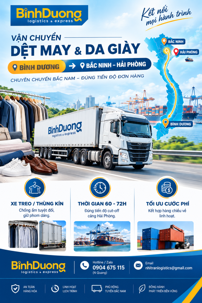 Vận chuyển hàng dệt may và da giày từ Bình Dương đi Bắc Ninh – Hải Phòng