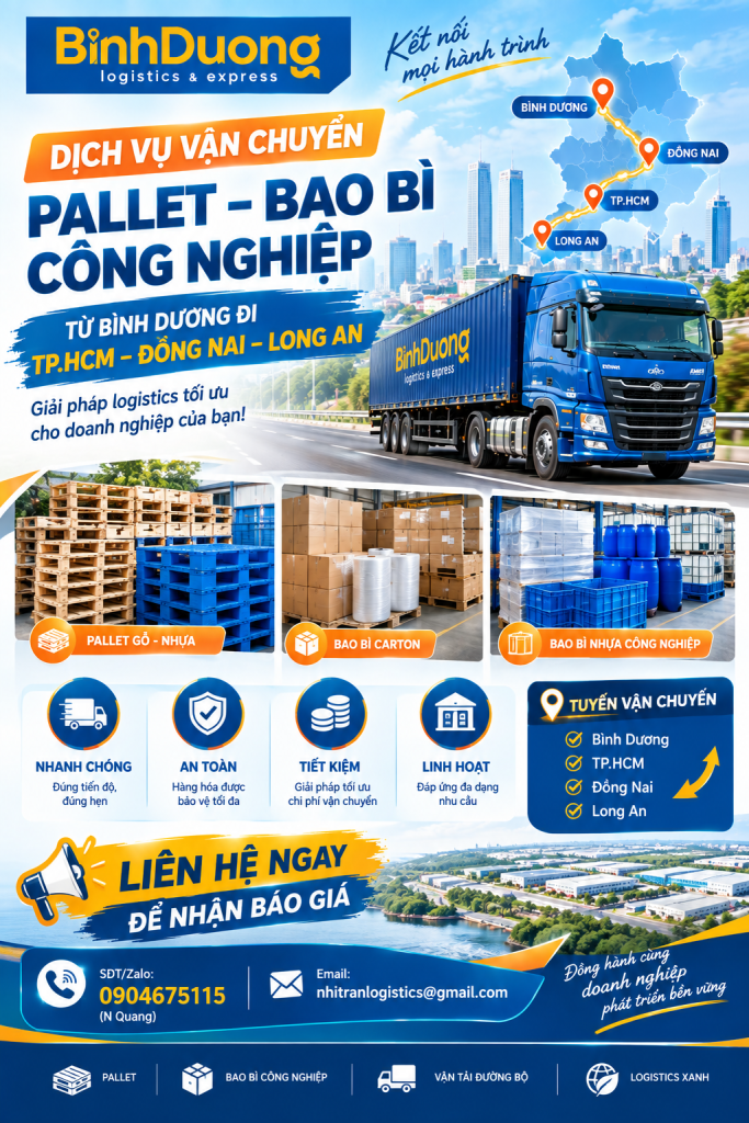 Vận chuyển pallet, bao bì công nghiệp từ Bình Dương đi TP.HCM – Đồng Nai – Long An