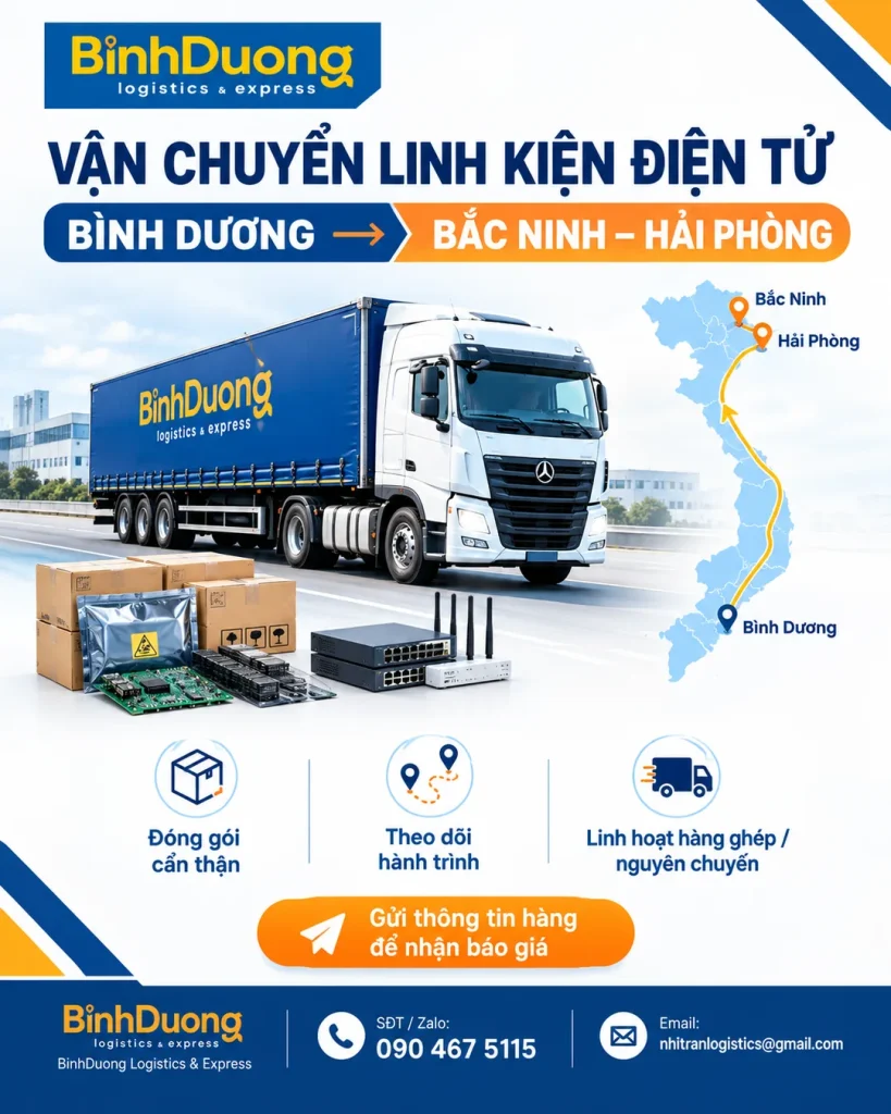 Vận chuyển linh kiện điện tử lắp ráp, viễn thông từ Bình Dương đi Bắc Ninh - Hải Phòng
